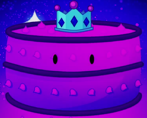 A purple cake with a peculiar crown.